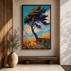 A vibrant impasto style painting of a solitary windy tree bending dramatically against a bright blue sky with swirling clouds and a textured golden landscape beneath, capturing dynamic movement and natural energy with thick, expressive brushstrokes.
