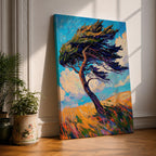 A vibrant impasto style painting of a solitary windy tree bending dramatically against a bright blue sky with swirling clouds and a textured golden landscape beneath, capturing dynamic movement and natural energy with thick, expressive brushstrokes.