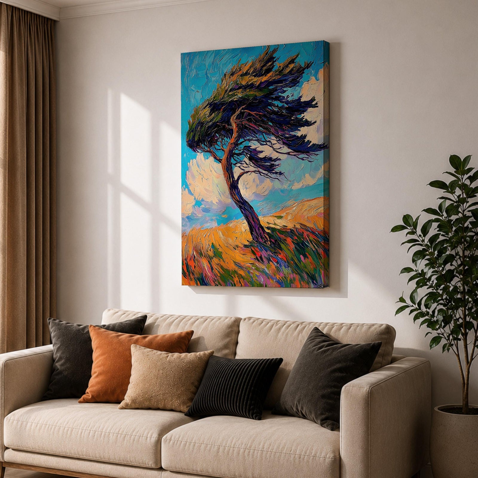 A vibrant impasto style painting of a solitary windy tree bending dramatically against a bright blue sky with swirling clouds and a textured golden landscape beneath, capturing dynamic movement and natural energy with thick, expressive brushstrokes.
