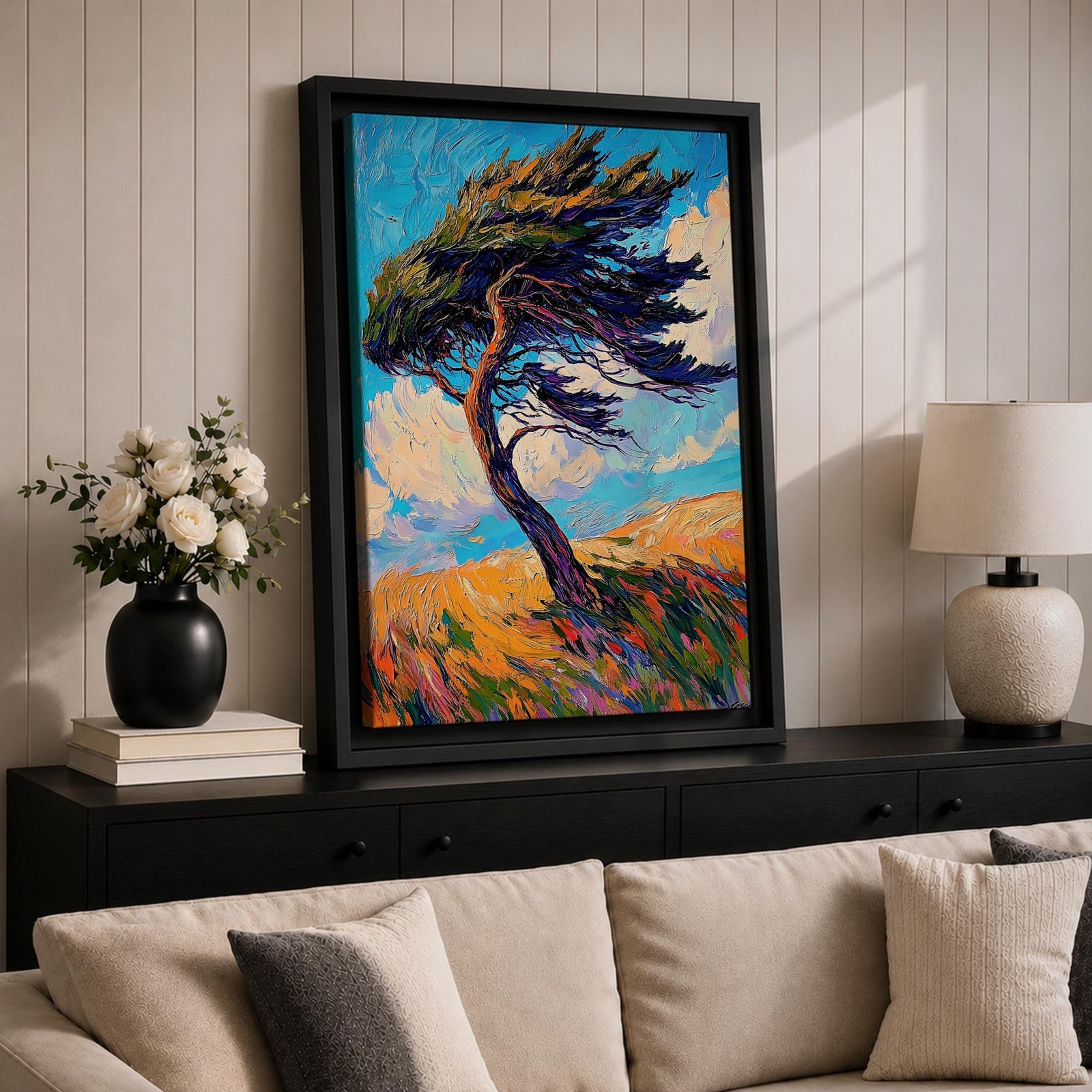 A vibrant impasto style painting of a solitary windy tree bending dramatically against a bright blue sky with swirling clouds and a textured golden landscape beneath, capturing dynamic movement and natural energy with thick, expressive brushstrokes.