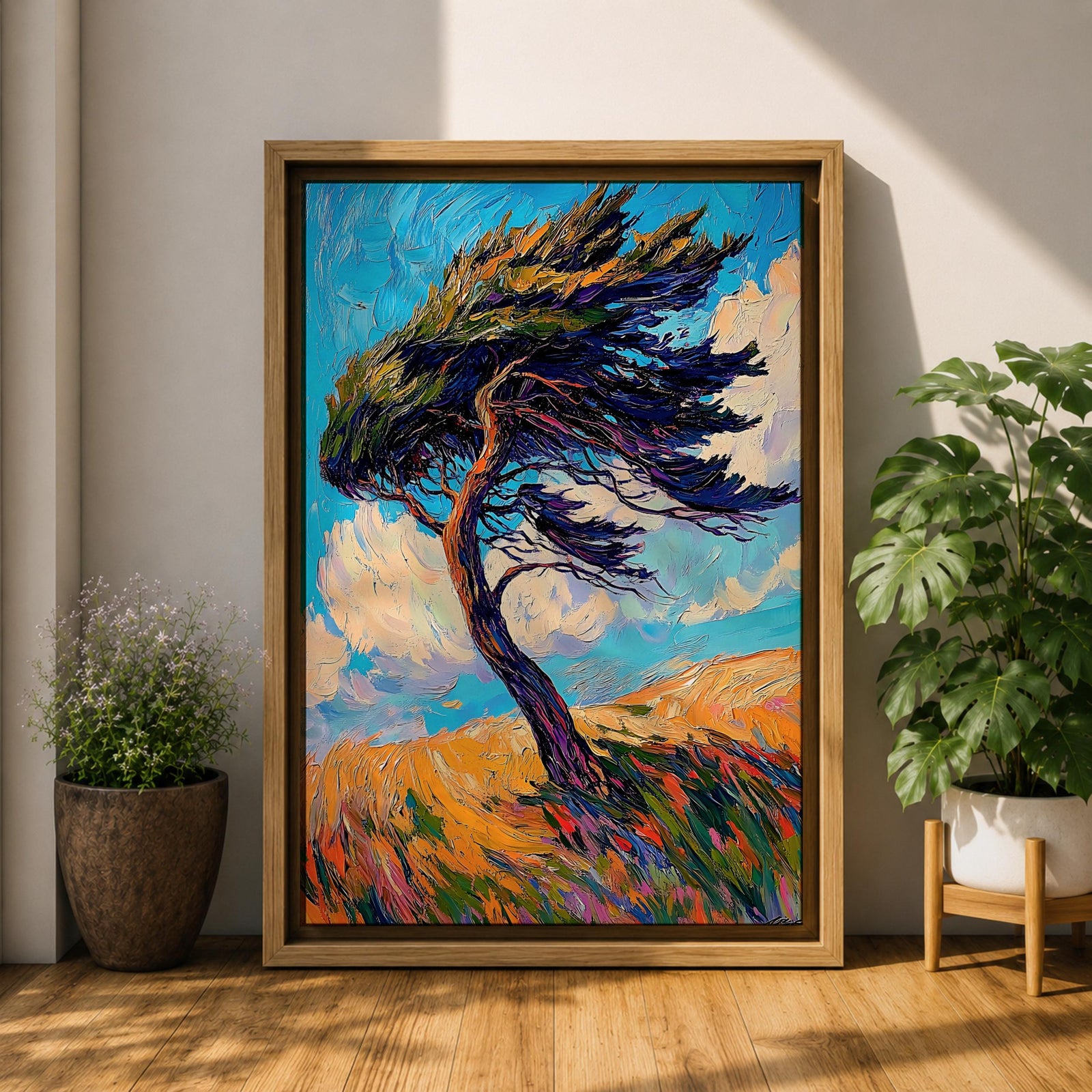 A vibrant impasto style painting of a solitary windy tree bending dramatically against a bright blue sky with swirling clouds and a textured golden landscape beneath, capturing dynamic movement and natural energy with thick, expressive brushstrokes.