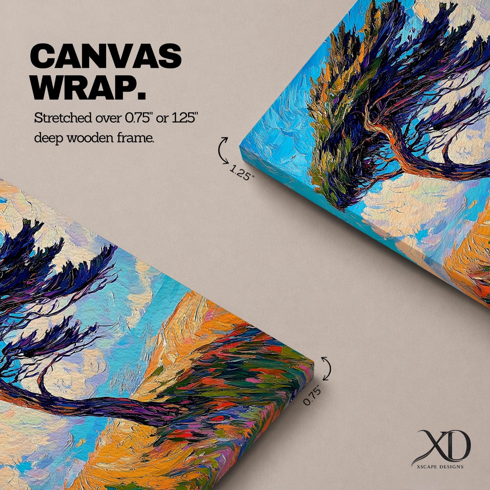 A vibrant impasto style painting of a solitary windy tree bending dramatically against a bright blue sky with swirling clouds and a textured golden landscape beneath, capturing dynamic movement and natural energy with thick, expressive brushstrokes.