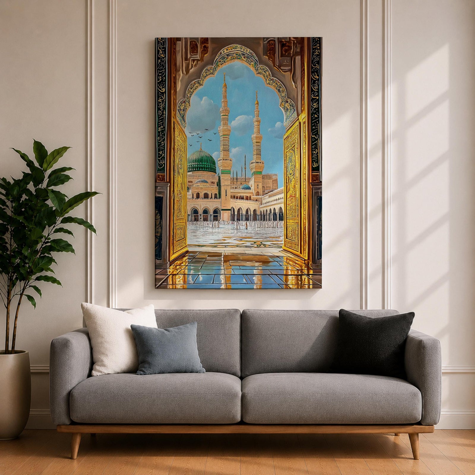 Illustration of Masjid Al Nabawi in Medina viewed through a grand archway, featuring the iconic green dome and elegant minarets rising above the mosque courtyard, rendered with balanced architectural detail and soft lighting that highlights the sacred structure in a refined Islamic architectural composition.