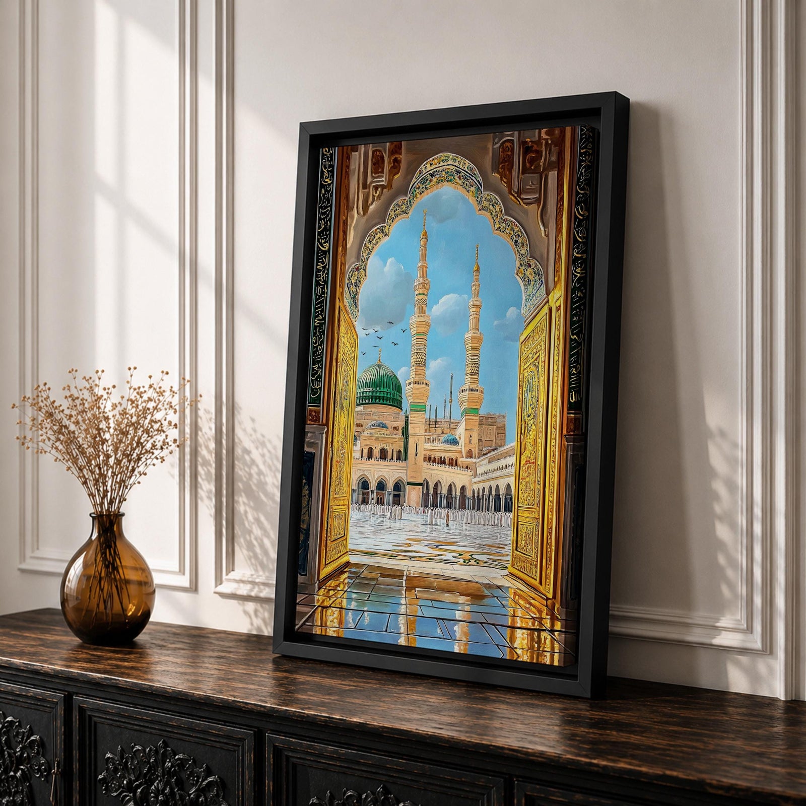 Illustration of Masjid Al Nabawi in Medina viewed through a grand archway, featuring the iconic green dome and elegant minarets rising above the mosque courtyard, rendered with balanced architectural detail and soft lighting that highlights the sacred structure in a refined Islamic architectural composition.
