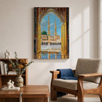 Illustration of Masjid Al Nabawi in Medina viewed through a grand archway, featuring the iconic green dome and elegant minarets rising above the mosque courtyard, rendered with balanced architectural detail and soft lighting that highlights the sacred structure in a refined Islamic architectural composition.