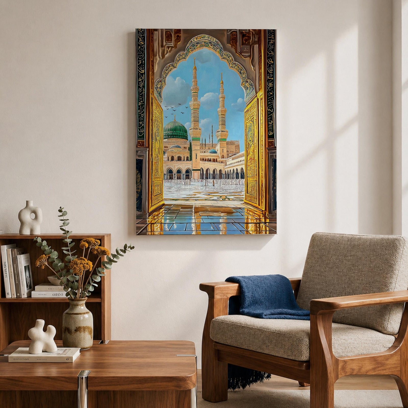 Illustration of Masjid Al Nabawi in Medina viewed through a grand archway, featuring the iconic green dome and elegant minarets rising above the mosque courtyard, rendered with balanced architectural detail and soft lighting that highlights the sacred structure in a refined Islamic architectural composition.