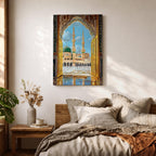 Illustration of Masjid Al Nabawi in Medina viewed through a grand archway, featuring the iconic green dome and elegant minarets rising above the mosque courtyard, rendered with balanced architectural detail and soft lighting that highlights the sacred structure in a refined Islamic architectural composition.