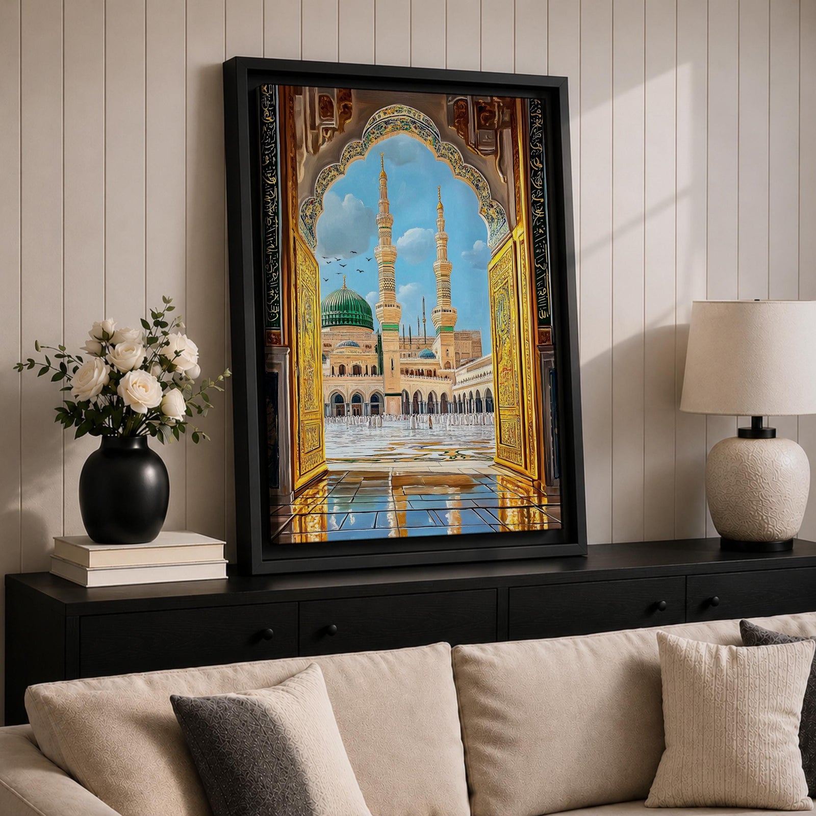 Illustration of Masjid Al Nabawi in Medina viewed through a grand archway, featuring the iconic green dome and elegant minarets rising above the mosque courtyard, rendered with balanced architectural detail and soft lighting that highlights the sacred structure in a refined Islamic architectural composition.