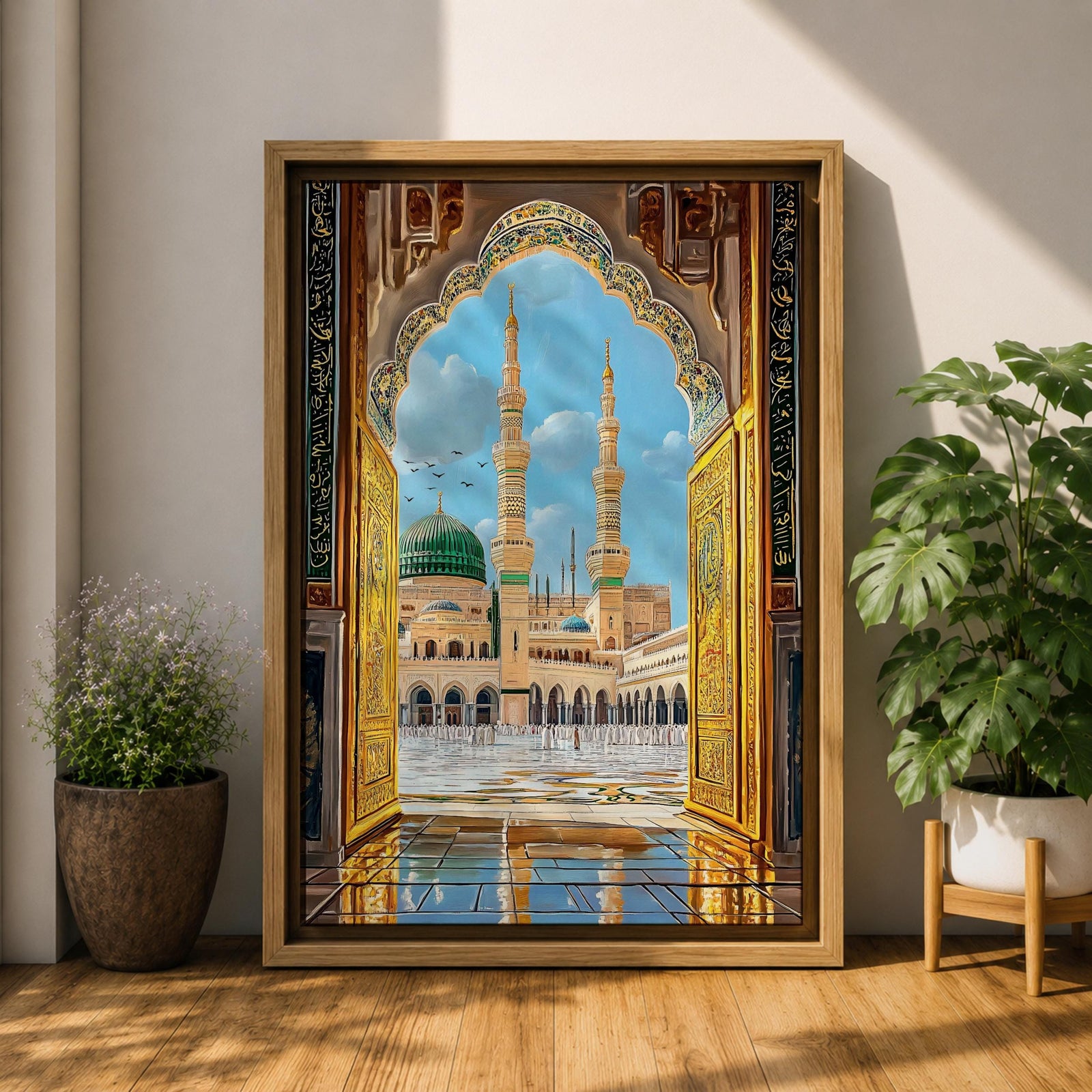 Illustration of Masjid Al Nabawi in Medina viewed through a grand archway, featuring the iconic green dome and elegant minarets rising above the mosque courtyard, rendered with balanced architectural detail and soft lighting that highlights the sacred structure in a refined Islamic architectural composition.