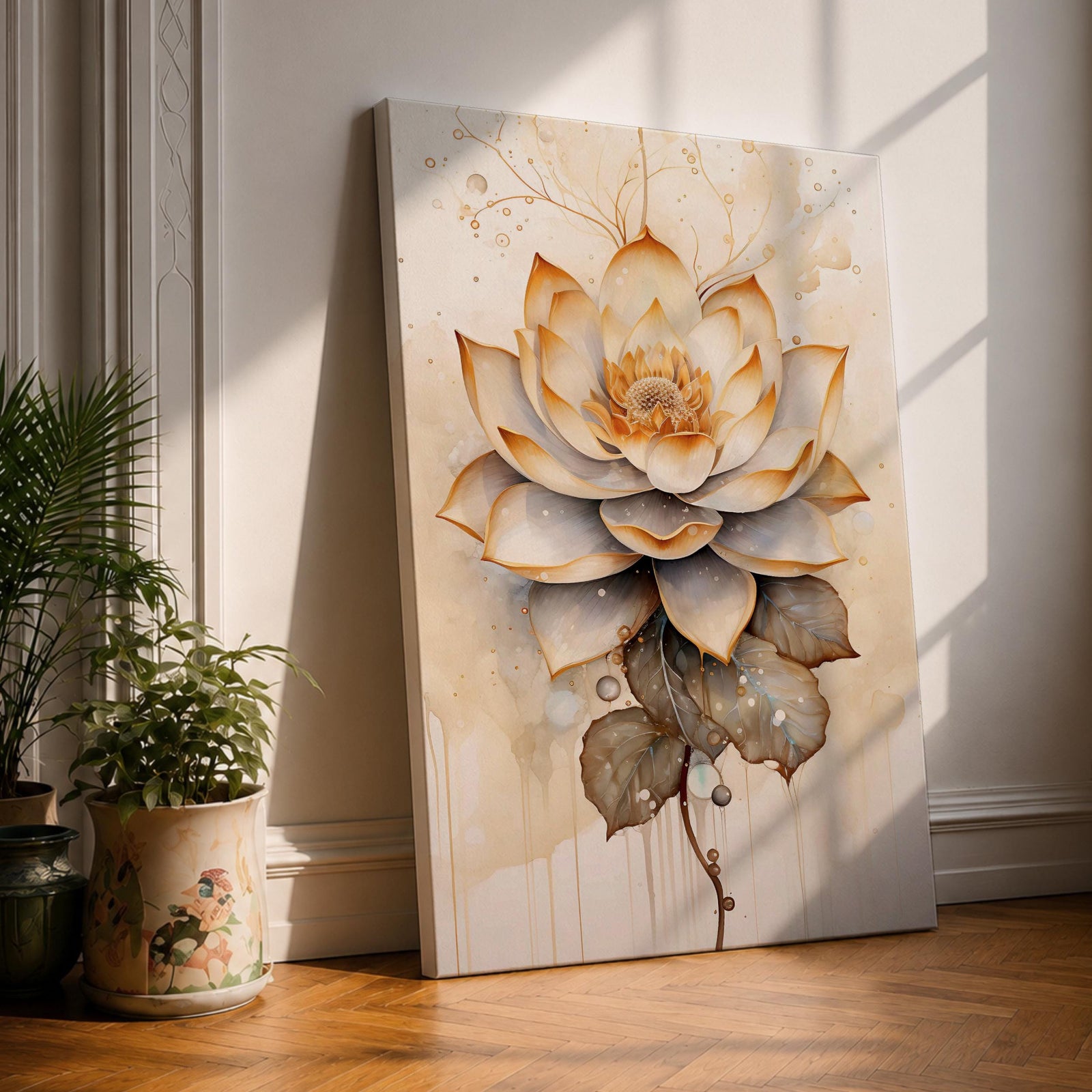 A detailed watercolor-style painting of a lotus flower with layered petals and leaves, featuring soft gradients and delicate droplets. The artwork highlights the natural beauty and symbolic significance of the lotus in a botanical floral composition with subtle Zen-inspired elements.