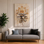 A detailed watercolor-style painting of a lotus flower with layered petals and leaves, featuring soft gradients and delicate droplets. The artwork highlights the natural beauty and symbolic significance of the lotus in a botanical floral composition with subtle Zen-inspired elements.