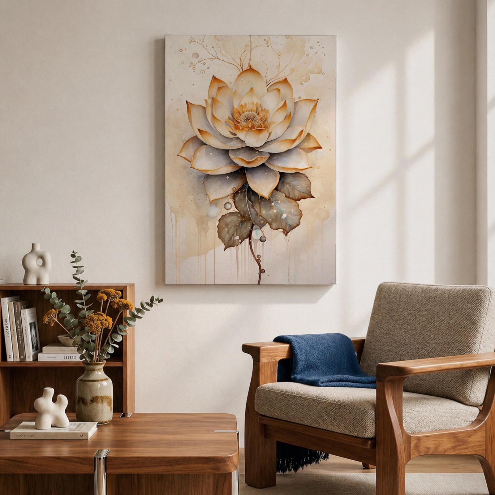 A detailed watercolor-style painting of a lotus flower with layered petals and leaves, featuring soft gradients and delicate droplets. The artwork highlights the natural beauty and symbolic significance of the lotus in a botanical floral composition with subtle Zen-inspired elements.