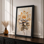 A detailed watercolor-style painting of a lotus flower with layered petals and leaves, featuring soft gradients and delicate droplets. The artwork highlights the natural beauty and symbolic significance of the lotus in a botanical floral composition with subtle Zen-inspired elements.