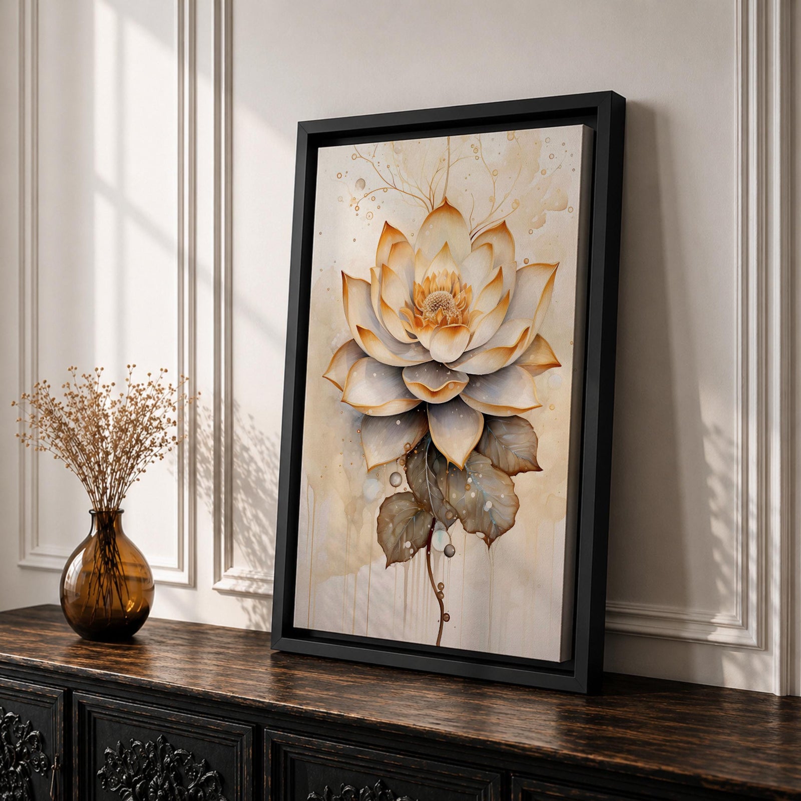 A detailed watercolor-style painting of a lotus flower with layered petals and leaves, featuring soft gradients and delicate droplets. The artwork highlights the natural beauty and symbolic significance of the lotus in a botanical floral composition with subtle Zen-inspired elements.