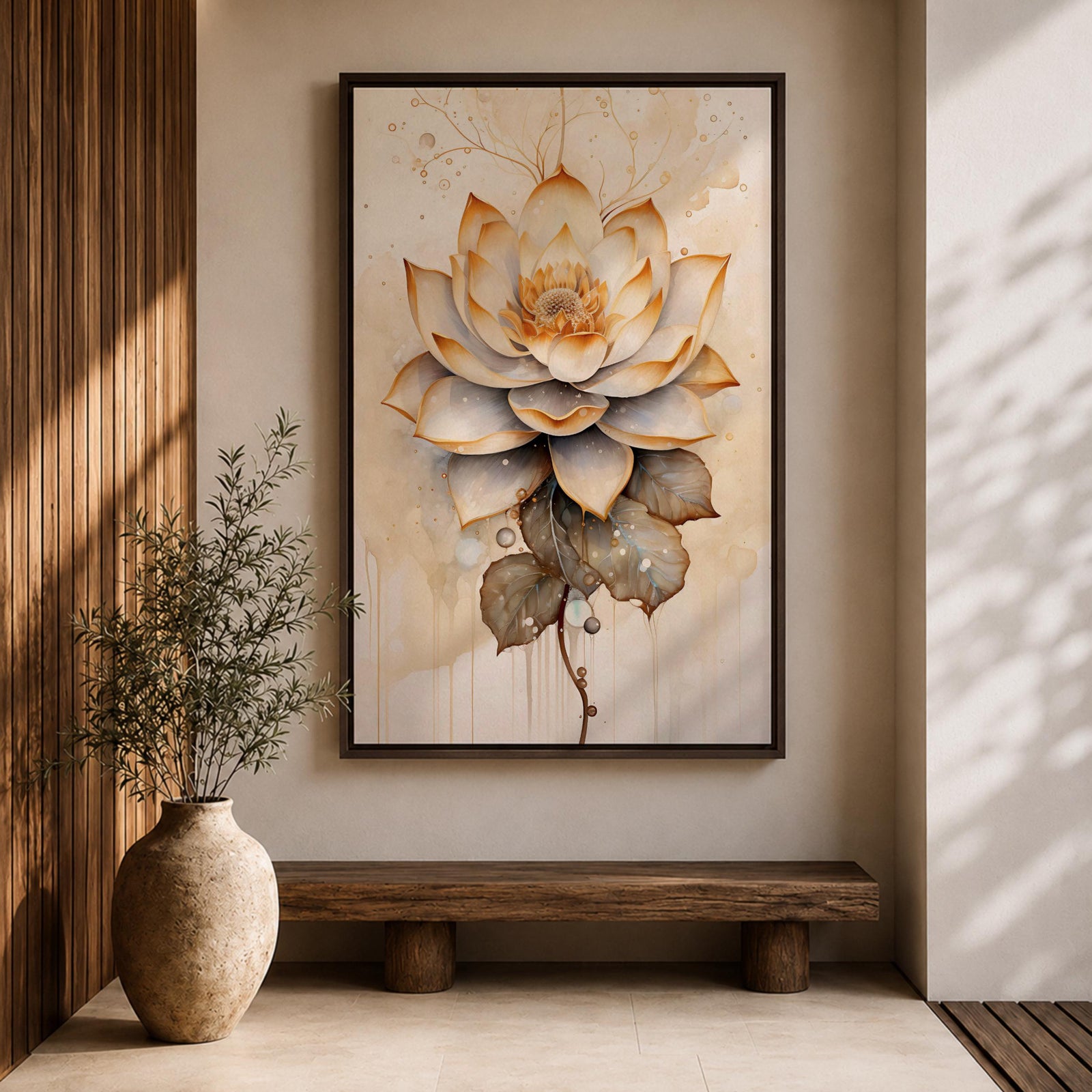 A detailed watercolor-style painting of a lotus flower with layered petals and leaves, featuring soft gradients and delicate droplets. The artwork highlights the natural beauty and symbolic significance of the lotus in a botanical floral composition with subtle Zen-inspired elements.