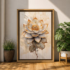 A detailed watercolor-style painting of a lotus flower with layered petals and leaves, featuring soft gradients and delicate droplets. The artwork highlights the natural beauty and symbolic significance of the lotus in a botanical floral composition with subtle Zen-inspired elements.