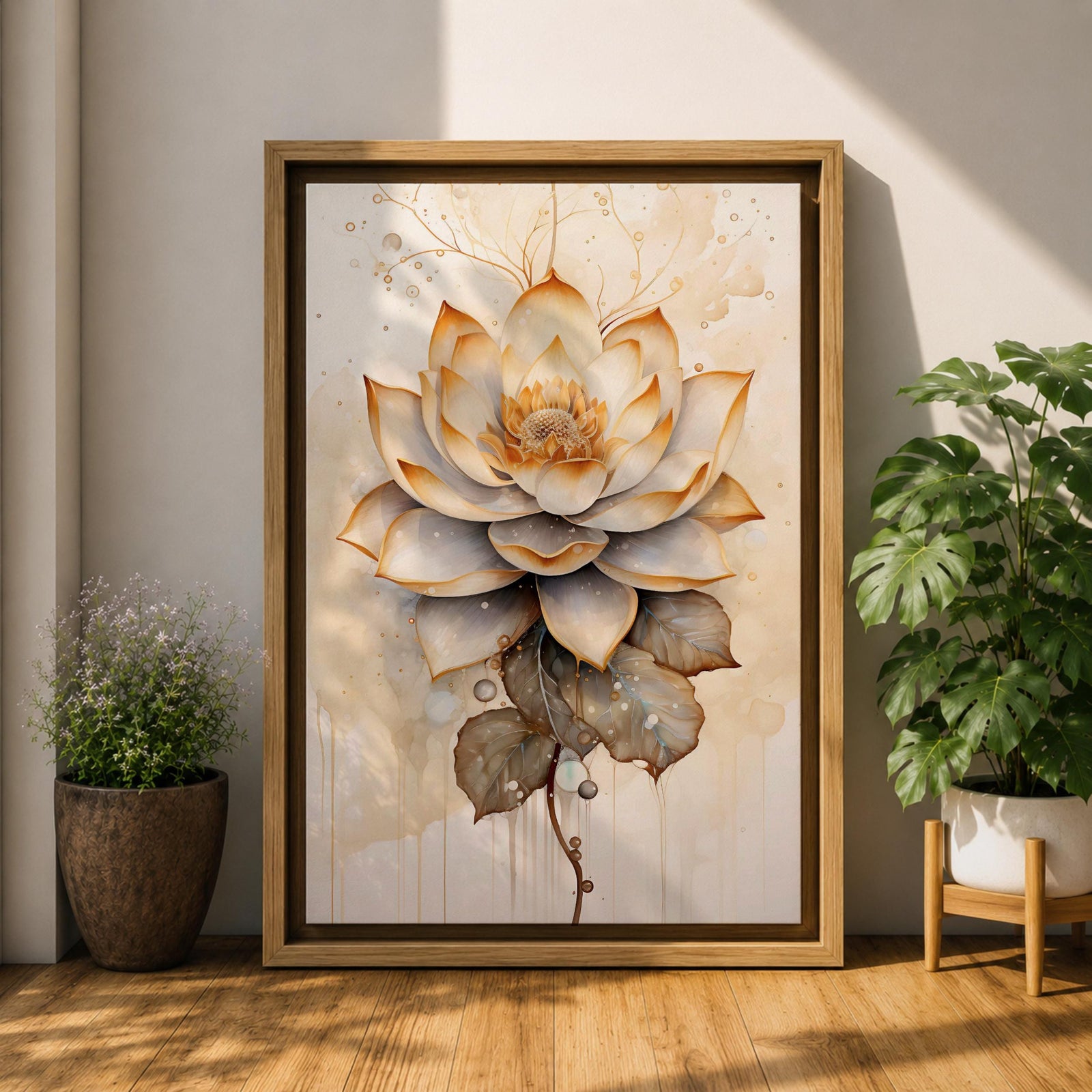 A detailed watercolor-style painting of a lotus flower with layered petals and leaves, featuring soft gradients and delicate droplets. The artwork highlights the natural beauty and symbolic significance of the lotus in a botanical floral composition with subtle Zen-inspired elements.