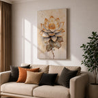 A detailed watercolor-style painting of a lotus flower with layered petals and leaves, featuring soft gradients and delicate droplets. The artwork highlights the natural beauty and symbolic significance of the lotus in a botanical floral composition with subtle Zen-inspired elements.