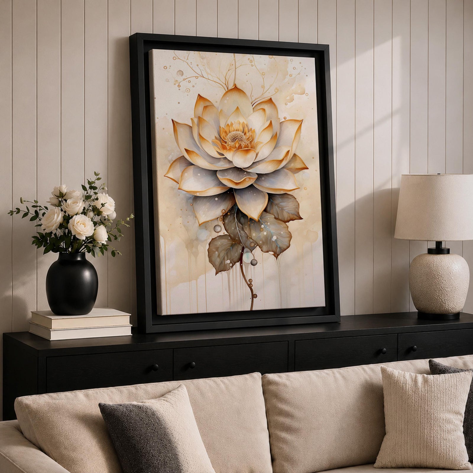 A detailed watercolor-style painting of a lotus flower with layered petals and leaves, featuring soft gradients and delicate droplets. The artwork highlights the natural beauty and symbolic significance of the lotus in a botanical floral composition with subtle Zen-inspired elements.