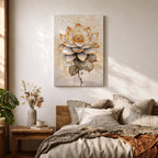 A detailed watercolor-style painting of a lotus flower with layered petals and leaves, featuring soft gradients and delicate droplets. The artwork highlights the natural beauty and symbolic significance of the lotus in a botanical floral composition with subtle Zen-inspired elements.