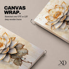 A detailed watercolor-style painting of a lotus flower with layered petals and leaves, featuring soft gradients and delicate droplets. The artwork highlights the natural beauty and symbolic significance of the lotus in a botanical floral composition with subtle Zen-inspired elements.