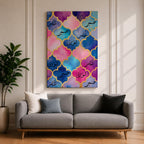 Arabic calligraphy artwork featuring the words Sabr Shukr Tawakkul written in flowing script, arranged within an ornate arabesque composition inspired by Moroccan geometric patterns, rendered with intricate linework and balanced symmetry that highlights the elegance of traditional Islamic calligraphy design.