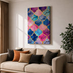 Arabic calligraphy artwork featuring the words Sabr Shukr Tawakkul written in flowing script, arranged within an ornate arabesque composition inspired by Moroccan geometric patterns, rendered with intricate linework and balanced symmetry that highlights the elegance of traditional Islamic calligraphy design.