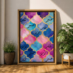 Arabic calligraphy artwork featuring the words Sabr Shukr Tawakkul written in flowing script, arranged within an ornate arabesque composition inspired by Moroccan geometric patterns, rendered with intricate linework and balanced symmetry that highlights the elegance of traditional Islamic calligraphy design.