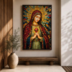 A detailed mosaic-style stained glass artwork depicting the Sacred Heart of Mary, featuring the Virgin Mary with a radiant halo and a heart symbol at her chest, richly adorned with jewel-like textures and vibrant colors, capturing a traditional religious iconography in a mosaic visual style.