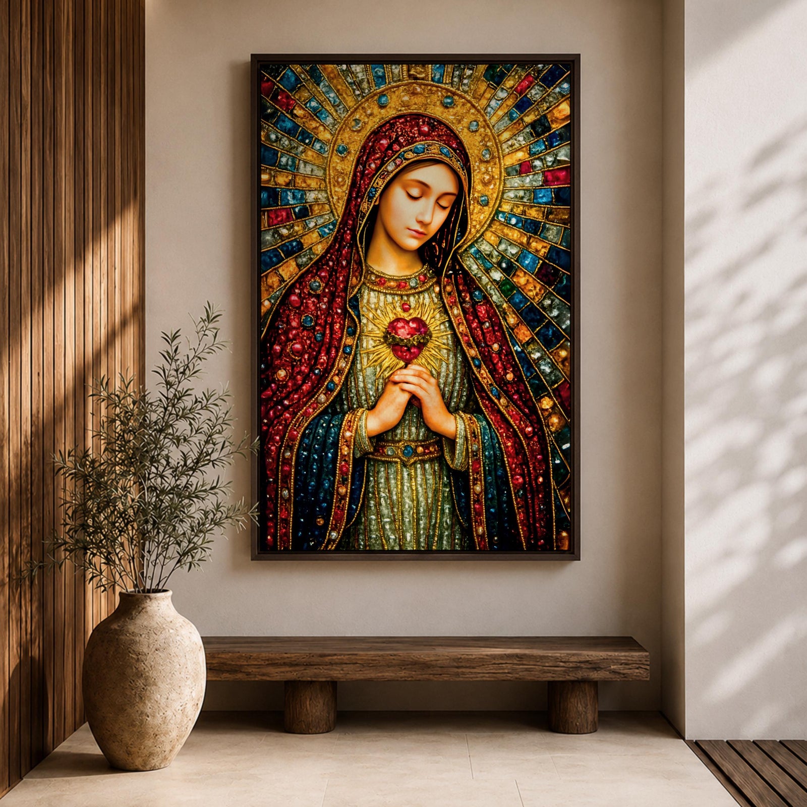 A detailed mosaic-style stained glass artwork depicting the Sacred Heart of Mary, featuring the Virgin Mary with a radiant halo and a heart symbol at her chest, richly adorned with jewel-like textures and vibrant colors, capturing a traditional religious iconography in a mosaic visual style.