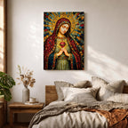 A detailed mosaic-style stained glass artwork depicting the Sacred Heart of Mary, featuring the Virgin Mary with a radiant halo and a heart symbol at her chest, richly adorned with jewel-like textures and vibrant colors, capturing a traditional religious iconography in a mosaic visual style.