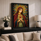 A detailed mosaic-style stained glass artwork depicting the Sacred Heart of Mary, featuring the Virgin Mary with a radiant halo and a heart symbol at her chest, richly adorned with jewel-like textures and vibrant colors, capturing a traditional religious iconography in a mosaic visual style.