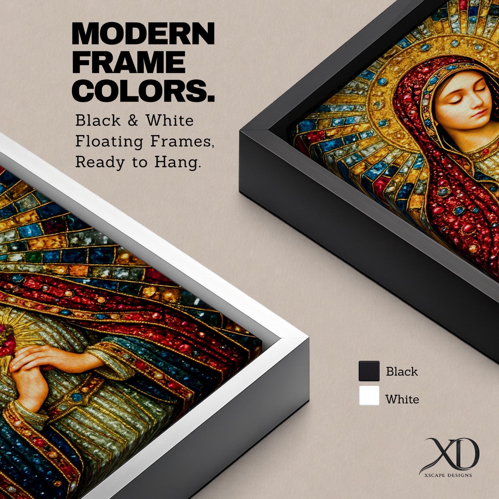 A detailed mosaic-style stained glass artwork depicting the Sacred Heart of Mary, featuring the Virgin Mary with a radiant halo and a heart symbol at her chest, richly adorned with jewel-like textures and vibrant colors, capturing a traditional religious iconography in a mosaic visual style.