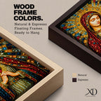 A detailed mosaic-style stained glass artwork depicting the Sacred Heart of Mary, featuring the Virgin Mary with a radiant halo and a heart symbol at her chest, richly adorned with jewel-like textures and vibrant colors, capturing a traditional religious iconography in a mosaic visual style.