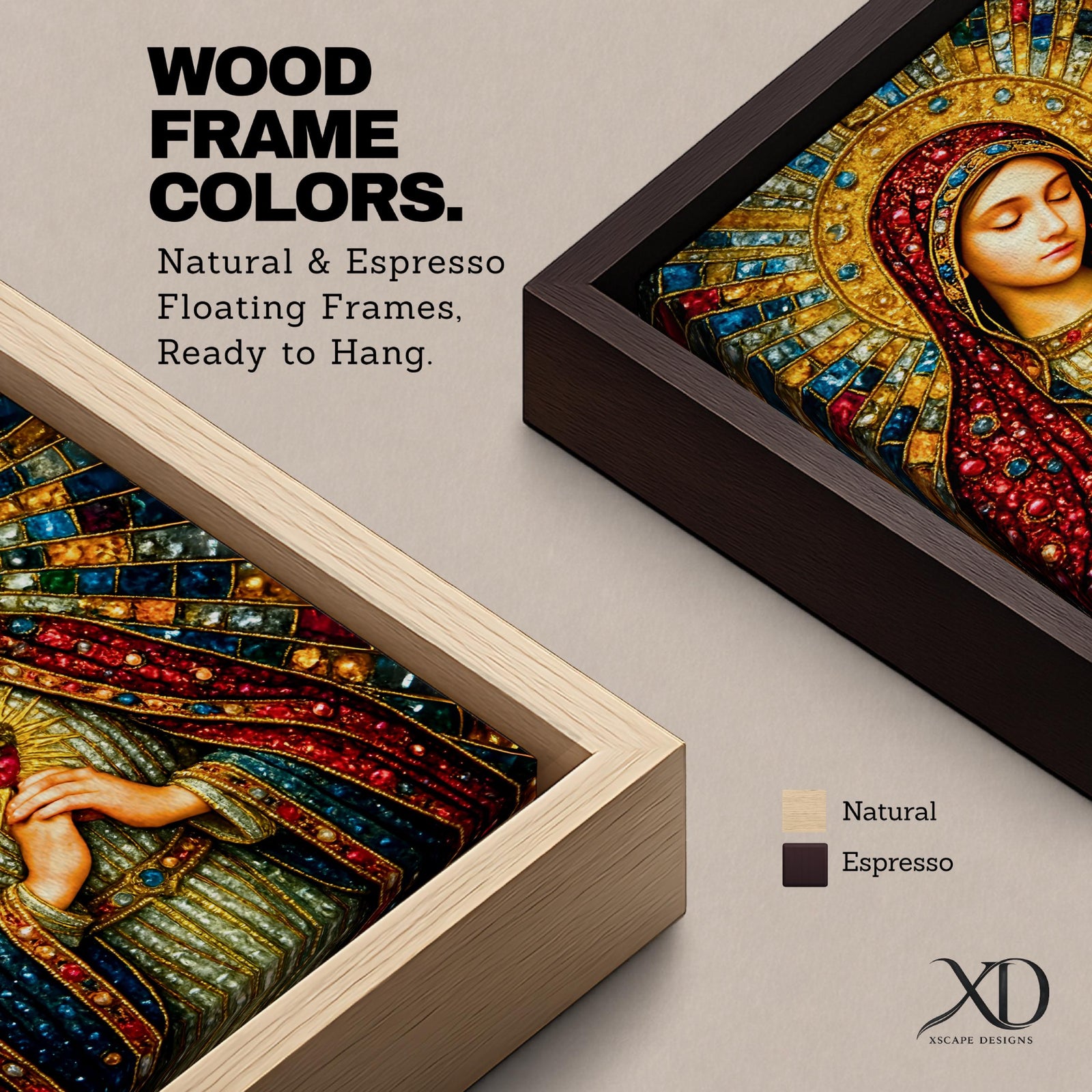 A detailed mosaic-style stained glass artwork depicting the Sacred Heart of Mary, featuring the Virgin Mary with a radiant halo and a heart symbol at her chest, richly adorned with jewel-like textures and vibrant colors, capturing a traditional religious iconography in a mosaic visual style.