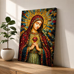 A detailed mosaic-style stained glass artwork depicting the Sacred Heart of Mary, featuring the Virgin Mary with a radiant halo and a heart symbol at her chest, richly adorned with jewel-like textures and vibrant colors, capturing a traditional religious iconography in a mosaic visual style.