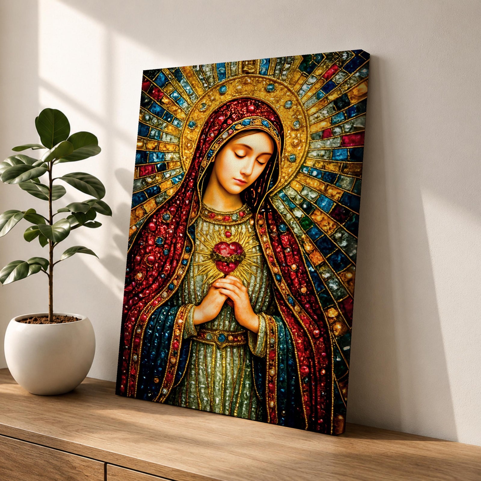 A detailed mosaic-style stained glass artwork depicting the Sacred Heart of Mary, featuring the Virgin Mary with a radiant halo and a heart symbol at her chest, richly adorned with jewel-like textures and vibrant colors, capturing a traditional religious iconography in a mosaic visual style.