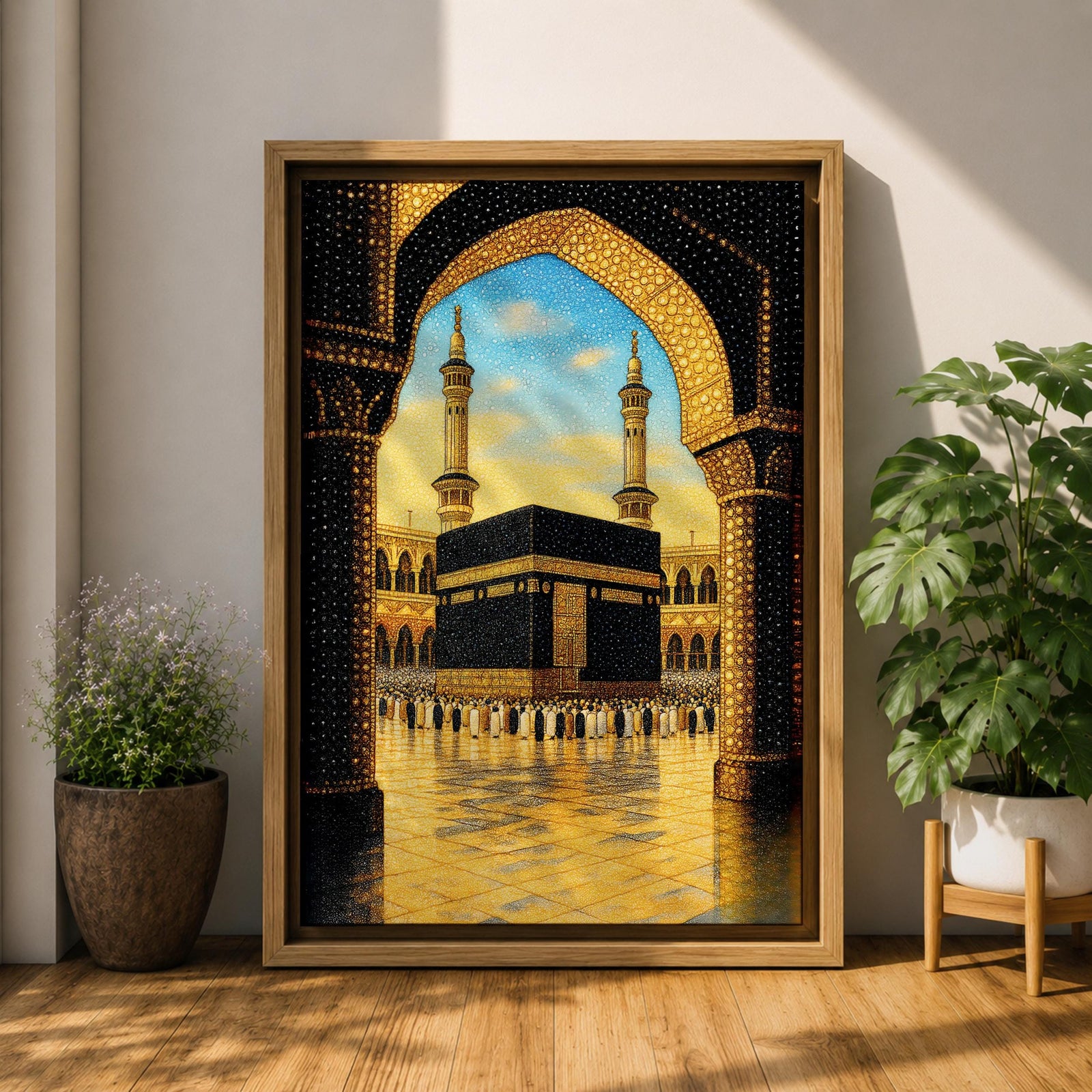 Illustration of the Kaaba at Masjid Al Haram in Mecca viewed through an ornate archway, featuring the sacred black cube at the center of the mosque courtyard surrounded by grand colonnades and minarets, rendered with balanced architectural detail and soft lighting that highlights the iconic Islamic landmark.
