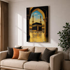 Illustration of the Kaaba at Masjid Al Haram in Mecca viewed through an ornate archway, featuring the sacred black cube at the center of the mosque courtyard surrounded by grand colonnades and minarets, rendered with balanced architectural detail and soft lighting that highlights the iconic Islamic landmark.
