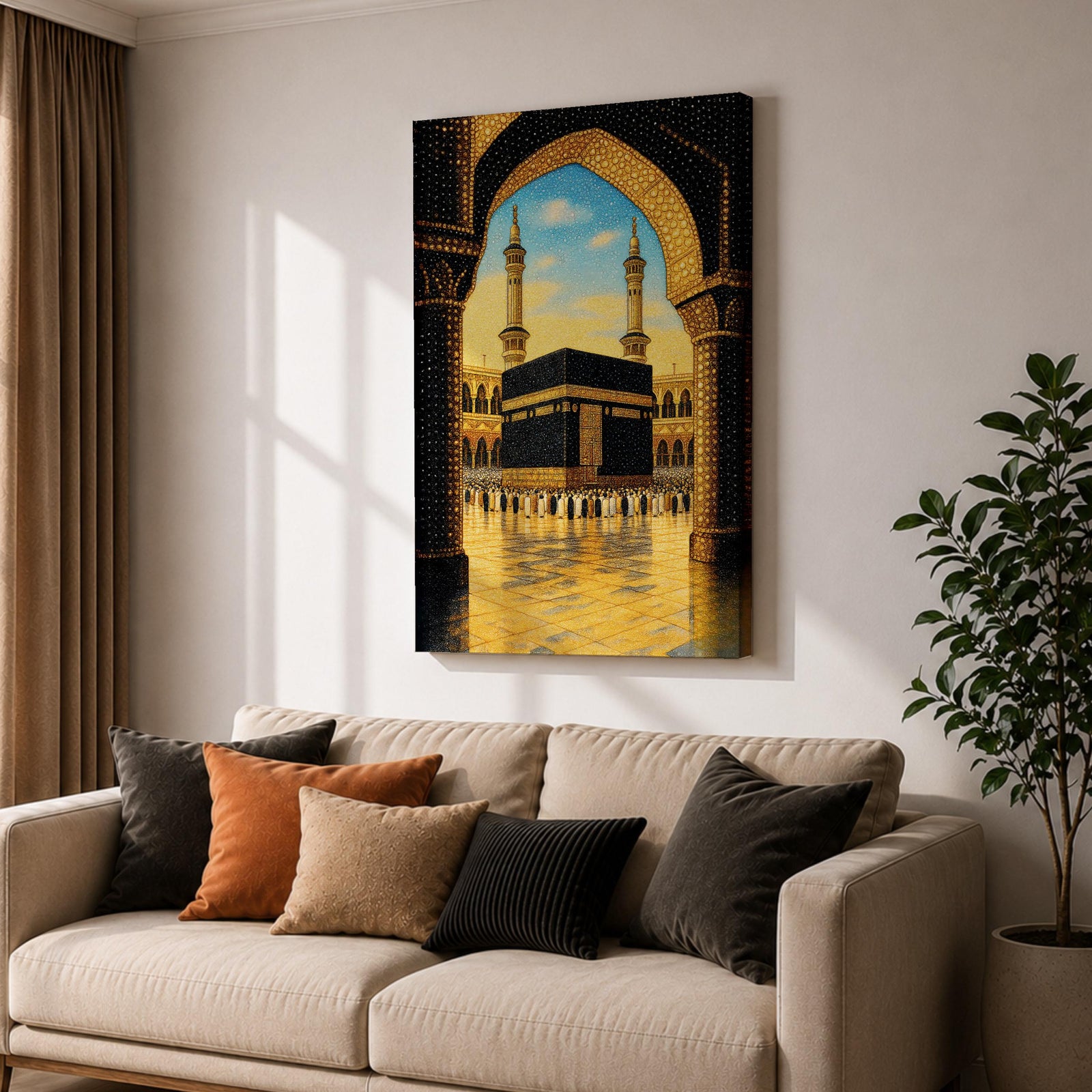 Illustration of the Kaaba at Masjid Al Haram in Mecca viewed through an ornate archway, featuring the sacred black cube at the center of the mosque courtyard surrounded by grand colonnades and minarets, rendered with balanced architectural detail and soft lighting that highlights the iconic Islamic landmark.