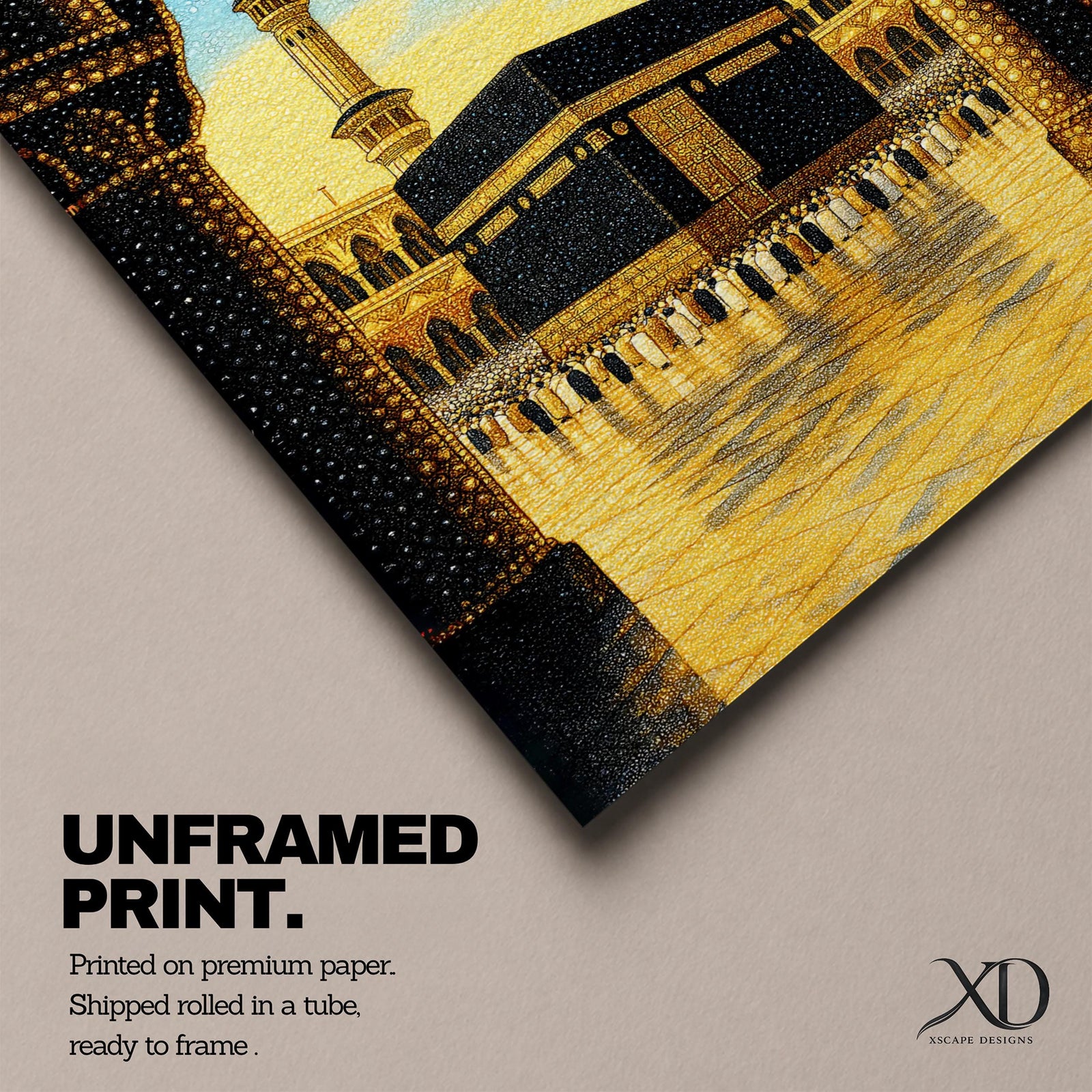 Illustration of the Kaaba at Masjid Al Haram in Mecca viewed through an ornate archway, featuring the sacred black cube at the center of the mosque courtyard surrounded by grand colonnades and minarets, rendered with balanced architectural detail and soft lighting that highlights the iconic Islamic landmark.