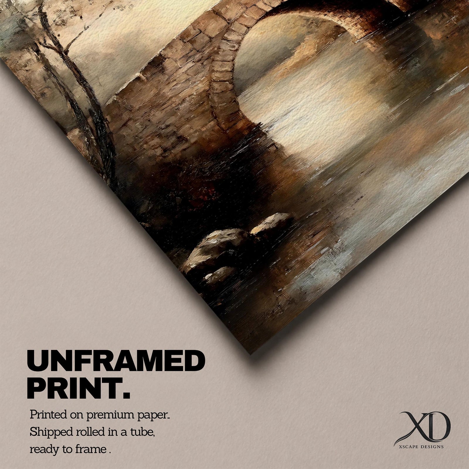 A vintage style framed canvas painting depicting a rustic stone arch bridge over calm water surrounded by trees and countryside landscape, rendered with soft brushstrokes and warm earthy tones, capturing a peaceful rural scene.