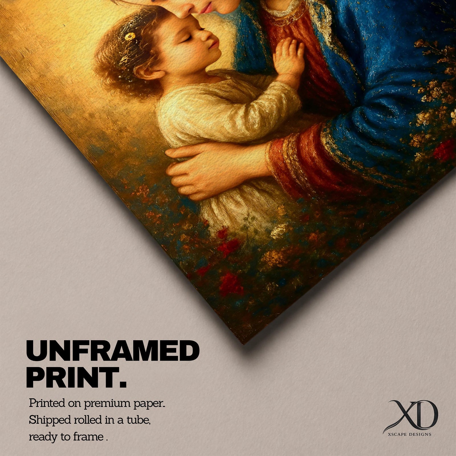A vintage-style framed canvas painting depicting Madonna and Child, showing the Virgin Mary tenderly holding the young child Jesus close with their foreheads touching, rendered with warm tones and delicate brushwork emphasizing their loving bond.