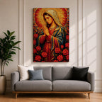 Mosaic style painting of the Blessed Virgin Mary with hands together in prayer, depicted in a stained glass inspired composition with a radiant circular halo made of small colored tiles behind her head while she wears flowing robes and stands among blooming roses, forming a devotional Madonna portrait with rich geometric texture and intricate mosaic detailing.