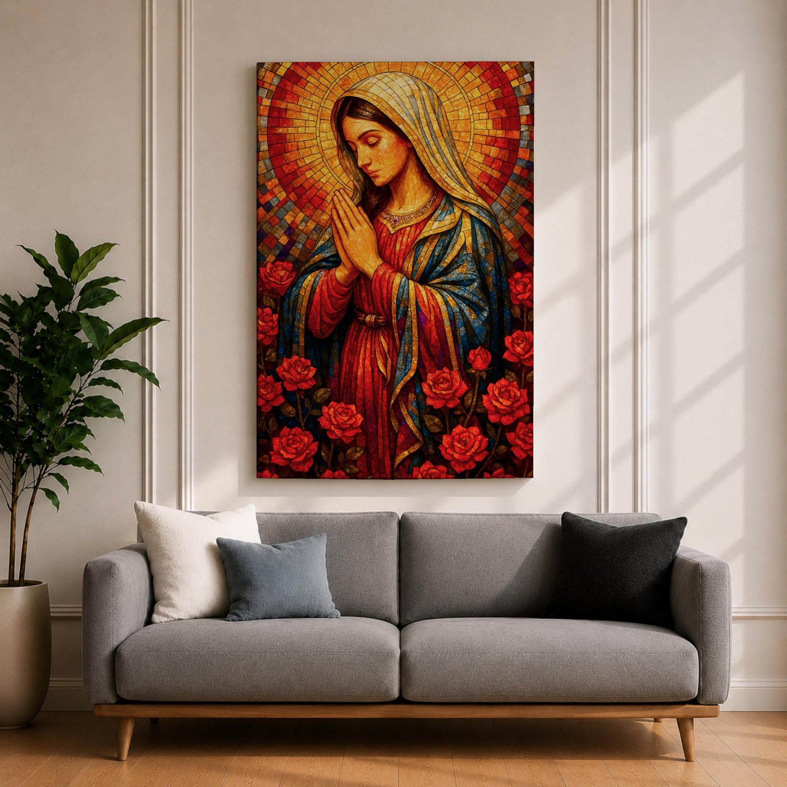 Mosaic style painting of the Blessed Virgin Mary with hands together in prayer, depicted in a stained glass inspired composition with a radiant circular halo made of small colored tiles behind her head while she wears flowing robes and stands among blooming roses, forming a devotional Madonna portrait with rich geometric texture and intricate mosaic detailing.