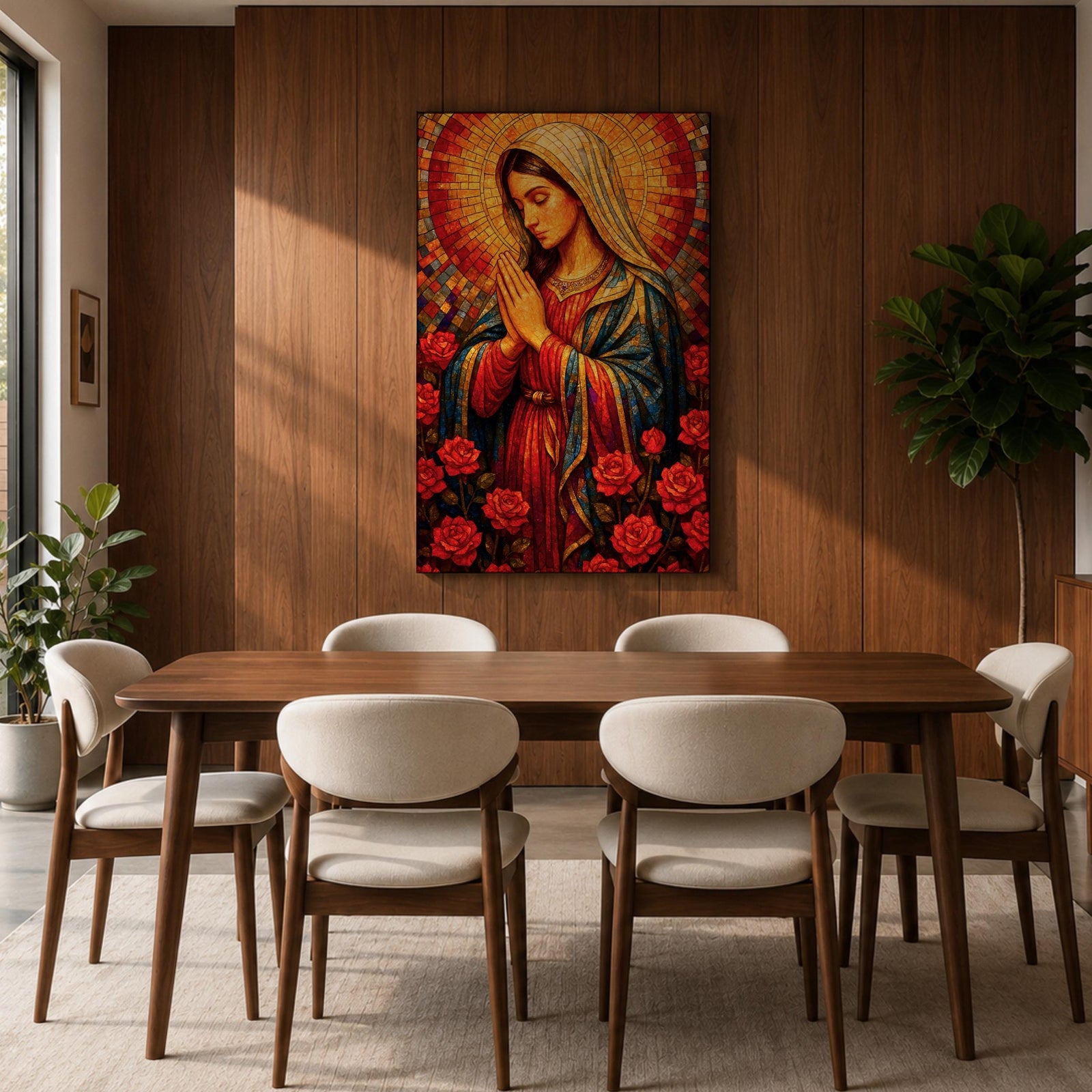 Mosaic style painting of the Blessed Virgin Mary with hands together in prayer, depicted in a stained glass inspired composition with a radiant circular halo made of small colored tiles behind her head while she wears flowing robes and stands among blooming roses, forming a devotional Madonna portrait with rich geometric texture and intricate mosaic detailing.