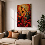 Mosaic style painting of the Blessed Virgin Mary with hands together in prayer, depicted in a stained glass inspired composition with a radiant circular halo made of small colored tiles behind her head while she wears flowing robes and stands among blooming roses, forming a devotional Madonna portrait with rich geometric texture and intricate mosaic detailing.