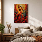 Mosaic style painting of the Blessed Virgin Mary with hands together in prayer, depicted in a stained glass inspired composition with a radiant circular halo made of small colored tiles behind her head while she wears flowing robes and stands among blooming roses, forming a devotional Madonna portrait with rich geometric texture and intricate mosaic detailing.