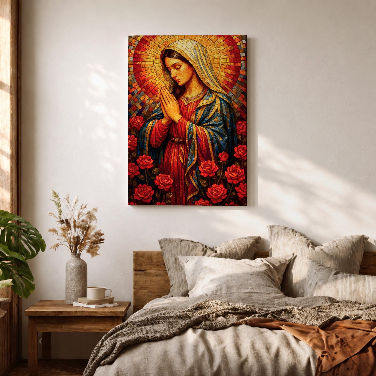 Mosaic style painting of the Blessed Virgin Mary with hands together in prayer, depicted in a stained glass inspired composition with a radiant circular halo made of small colored tiles behind her head while she wears flowing robes and stands among blooming roses, forming a devotional Madonna portrait with rich geometric texture and intricate mosaic detailing.