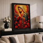 Mosaic style painting of the Blessed Virgin Mary with hands together in prayer, depicted in a stained glass inspired composition with a radiant circular halo made of small colored tiles behind her head while she wears flowing robes and stands among blooming roses, forming a devotional Madonna portrait with rich geometric texture and intricate mosaic detailing.